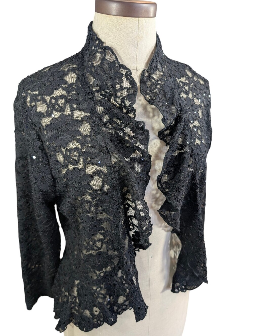 Y2K Black, Floral Lace, Ruffle Open Shrug Cardigan. Connected Apparel. Large